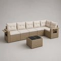 7-teiliges Garten-Loungeset in L-Form aus PE-Rattan mit Polstern und Glastisch, Beige/Creme/Schwarz, 330 × 150 × 85 cm