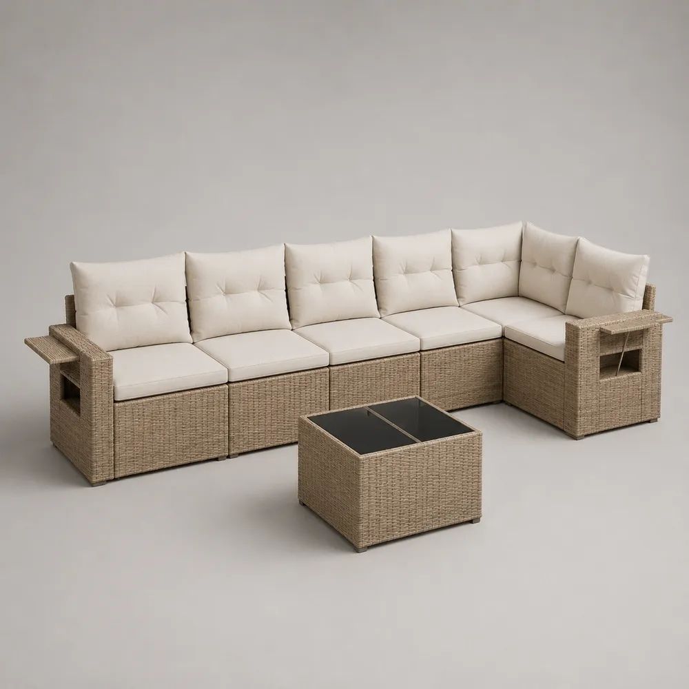 7-teiliges Garten-Loungeset in L-Form aus PE-Rattan mit Polstern und Glastisch, Beige/Creme/Schwarz, 330 × 150 × 85 cm