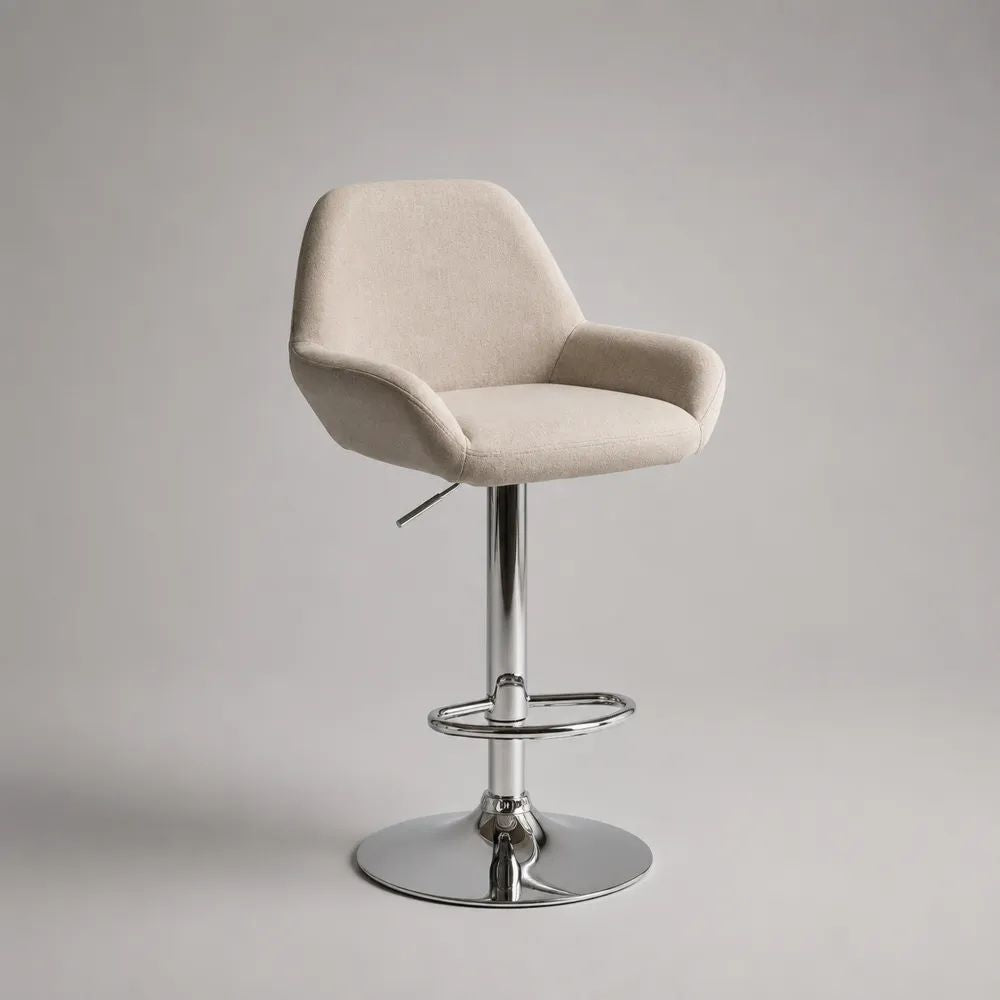 Höhenverstellbarer Barhocker mit Armlehnen, Stoff und Metall, 360° drehbar, Beige/Chrom, 55 × 52 × 87–108 cm