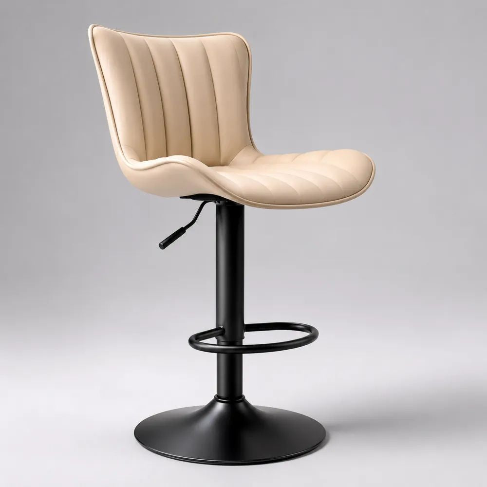 Höhenverstellbarer Barhocker mit Rückenlehne und Fußstütze, PU-Kunstleder und Stahl, Beige/Schwarz, 51 × 52 × 89–110 cm