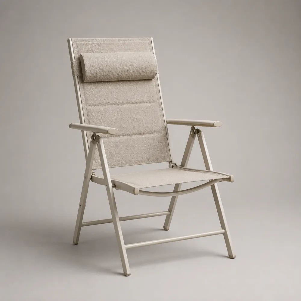 Klappbarer Gartenstuhl aus Aluminium und Textilene mit verstellbarer Rückenlehne, Beige/Cremeweiß, 59 × 68 × 110 cm