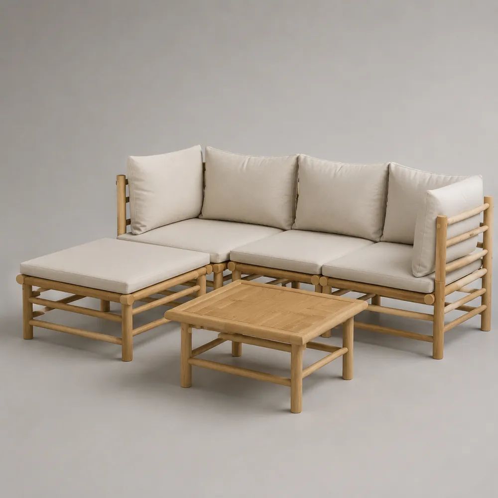 Garten-Loungeset 3-teilig aus Bambus mit Polsterauflagen, L-förmig, Natur/Beige, 210 × 140 × 78 cm