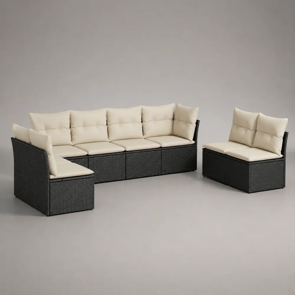 Gartenlounge 7-Sitzer aus PE-Rattan mit Stahlgestell, L-förmig, Schwarz/Creme, 236 × 177 × 74 cm und 126 × 70 × 74 cm
