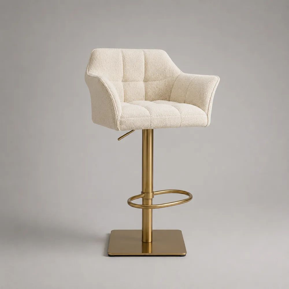 Höhenverstellbarer Barhocker mit Armlehnen, drehbar, Polyester-Bouclé und Stahl, Creme/Gold, 57 × 54 × 86–106 cm