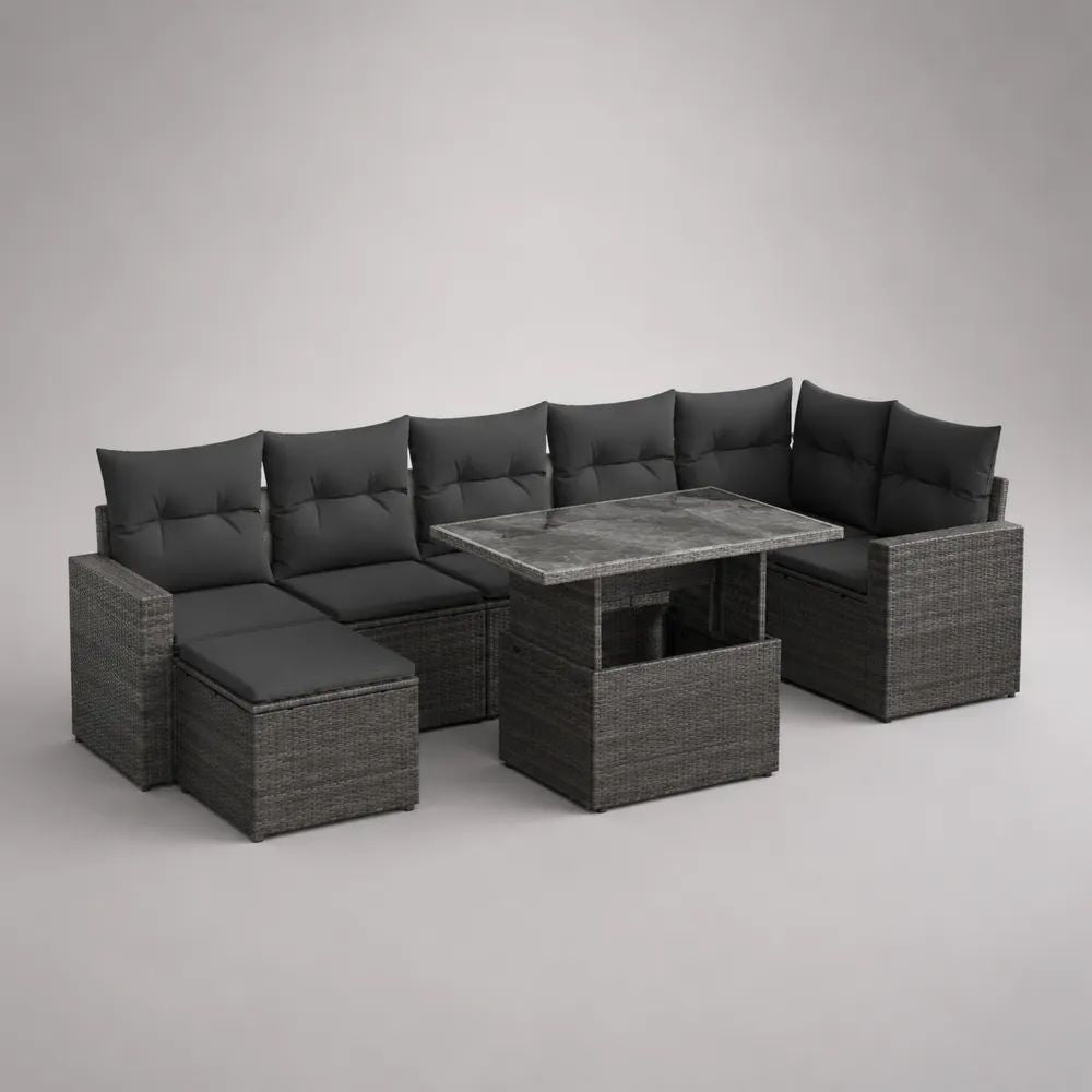 Gartenlounge-Set aus PE-Rattan mit L-förmigem Ecksofa, Esstisch und 2 Hockern, Grau/Anthrazit, 250 × 190 × 73 cm