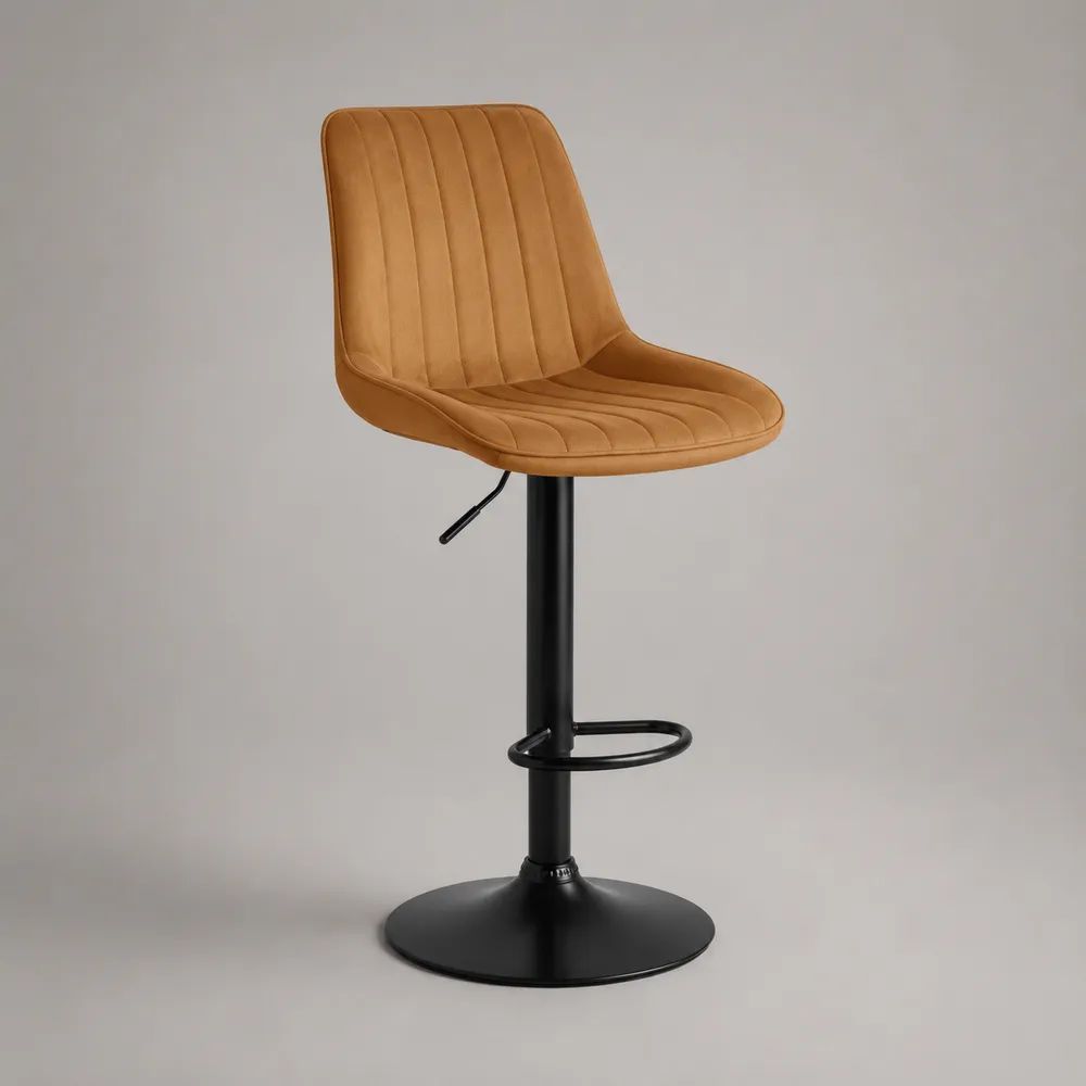 Höhenverstellbarer drehbarer Barhocker mit Rückenlehne aus Polyester-Samt und Stahl, Cognac/Schwarz, 50 × 52 × 88–109 cm