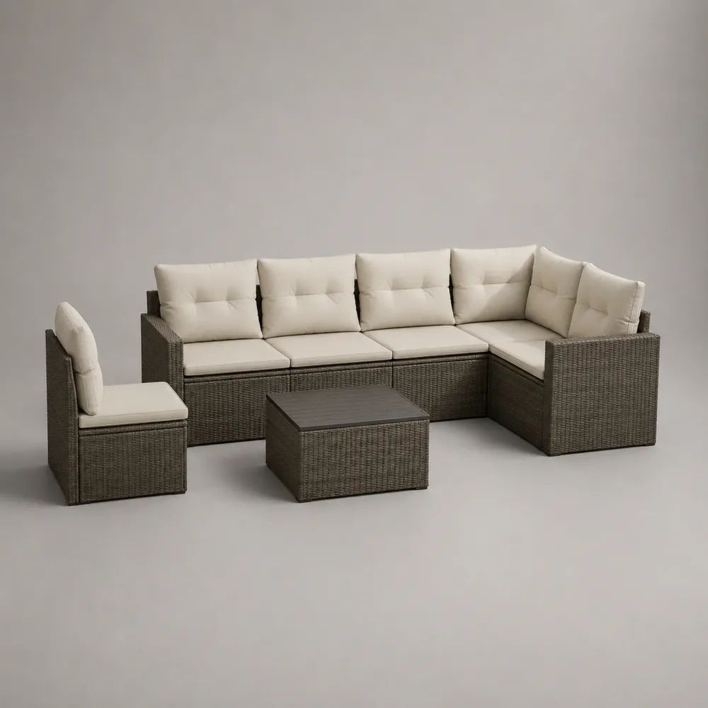 3-teiliges Gartenmöbel-Set aus PE-Rattan, L-förmiges Gartensofa mit Sessel und Tisch, Grau/Creme, 230 × 175 × 73 cm