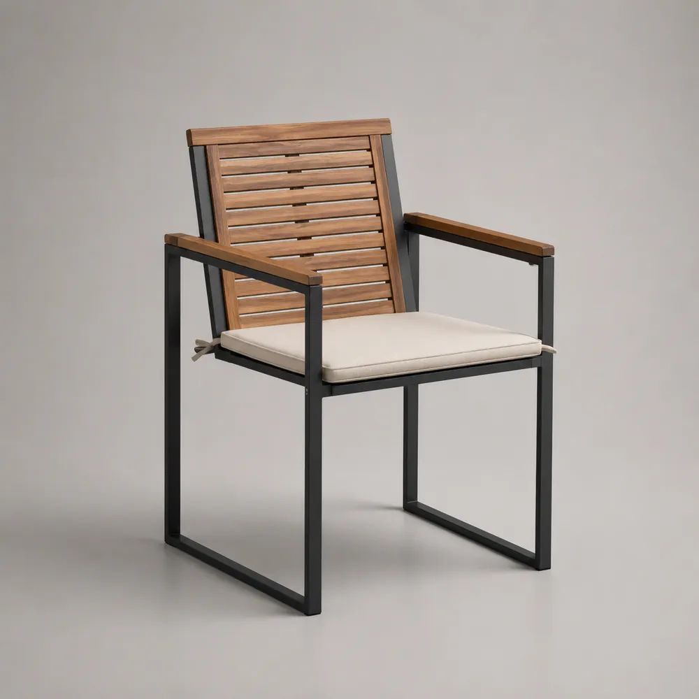Gartenstuhl mit Armlehnen und Sitzkissen aus Akazienmassivholz und Stahl, Braun/Schwarz/Beige, 59 × 60 × 88 cm
