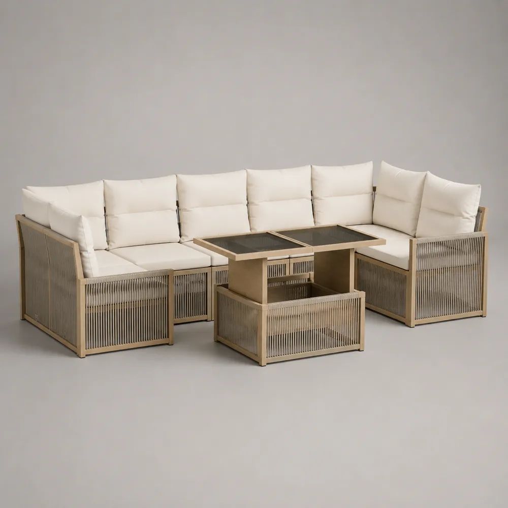 4-teiliges Gartenlounge-Set mit U-förmigem Gartensofa und höhenverstellbarem Esstisch, Aluminium, PE-Seilgeflecht und Glas, Beige/Cremeweiß/Anthrazit, Sofa ca. 250 × 190 × 80 cm, Tisch ca. 120 × 70 × 52–68 cm