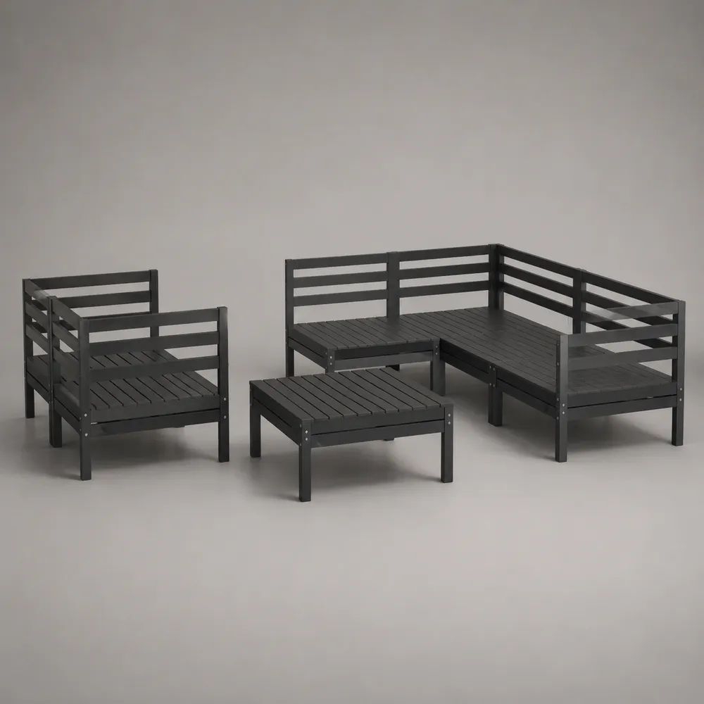 5-teiliges modulares Gartensofa-Set aus massivem Kiefernholz in Dunkelgrau, 4 Sitzmodule je 70 × 70 × 67 cm und Tisch 70 × 70 × 30 cm