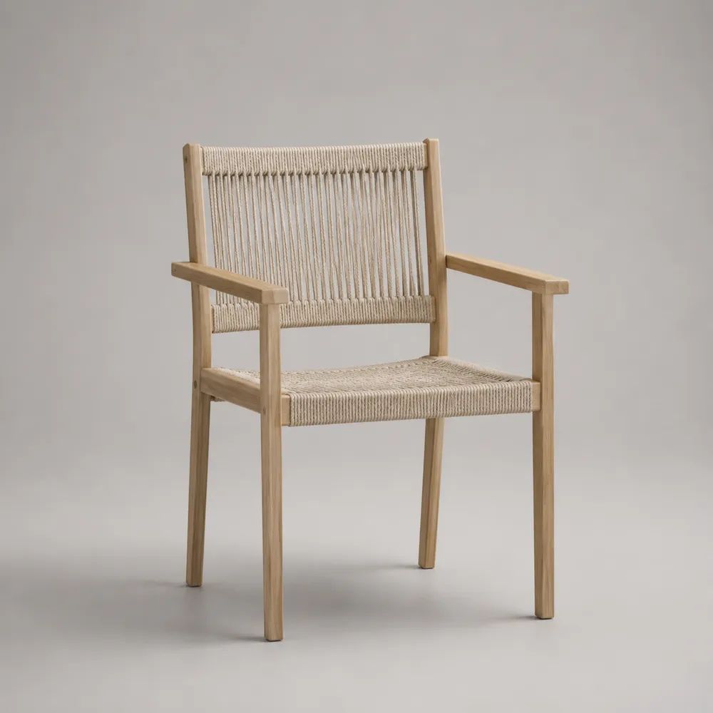 Gartenstuhl mit Armlehnen aus Massivholz und Polypropylen-Seilgeflecht, Natur/Beige, 58 × 60 × 82 cm