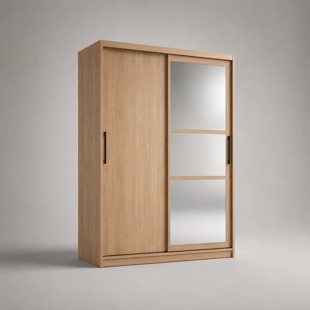 Schwebetürenschrank aus Holz mit Spiegel, Eiche hell, 120 × 60 × 200 cm
