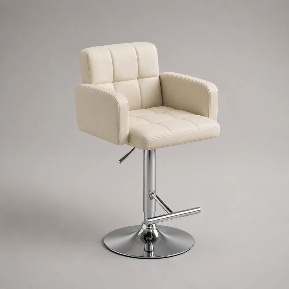 Höhenverstellbarer Barhocker aus PU-Kunstleder und Stahl, 360° drehbar, mit Armlehnen, Creme/Chrom, 56 × 52 × 92–112 cm