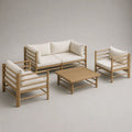 4-teiliges Gartenmöbel-Set aus Bambus mit 2-Sitzer-Sofa, 2 Sesseln und Tisch, Natur/Cremeweiß, Sofa 140 x 75 x 72 cm, Sessel 70 x 75 x 72 cm, Tisch 70 x 60 x 40 cm