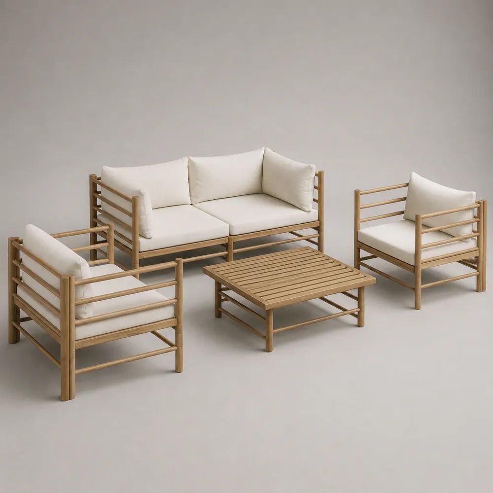 4-teiliges Gartenmöbel-Set aus Bambus mit 2-Sitzer-Sofa, 2 Sesseln und Tisch, Natur/Cremeweiß, Sofa 140 x 75 x 72 cm, Sessel 70 x 75 x 72 cm, Tisch 70 x 60 x 40 cm