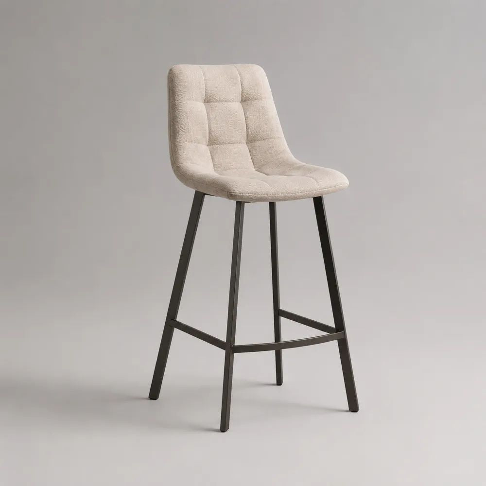 Barhocker mit Rückenlehne aus Stoff und Stahl, Cremeweiß/Schwarz, 48 × 52 × 102 cm