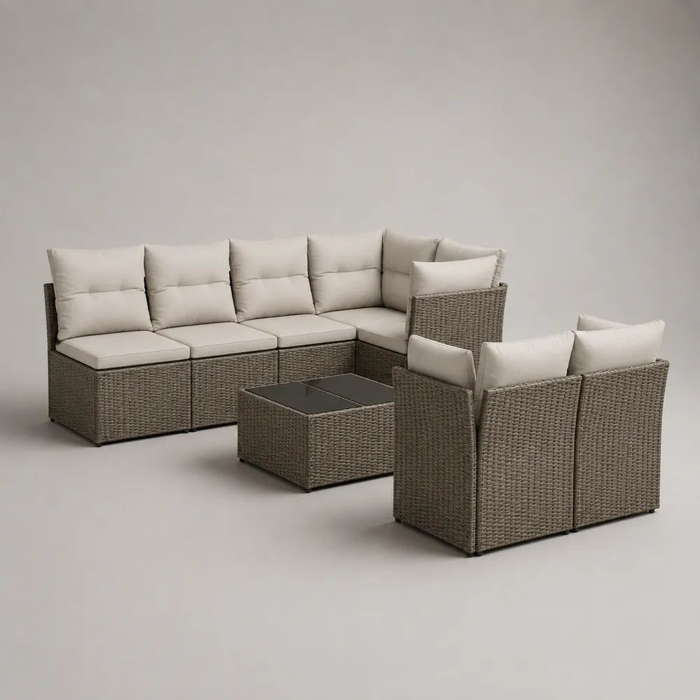7-teiliges Gartenmöbel-Set aus PE-Rattan mit Stahlgestell, L-Sofa 248 × 128 × 68 cm, 2 Sessel und Tisch 70 × 70 × 35 cm, Taupe/Beige/Schwarz