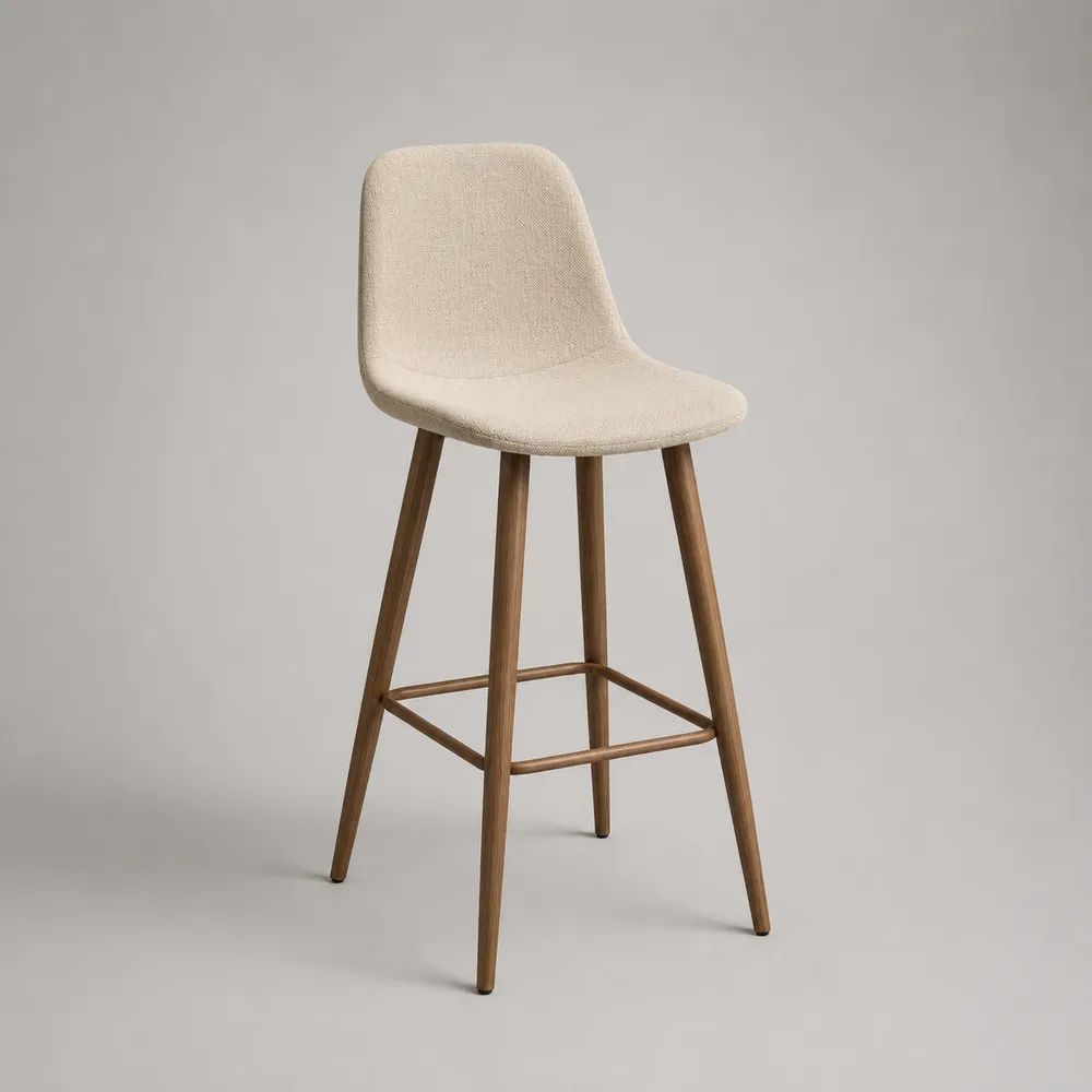 Barhocker mit Rückenlehne und Fußstütze, Polyesterbezug und Massivholzgestell, Beige/Braun, 47 x 52 x 105 cm, Sitzhöhe 75 cm