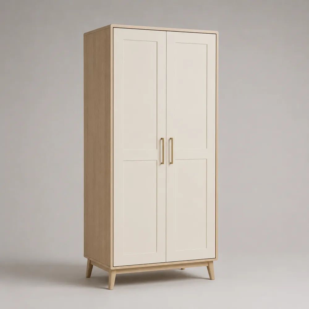 Zweitüriger Kleiderschrank aus MDF und Spanplatte, Cremeweiß/Natur, 90 × 190 × 55 cm