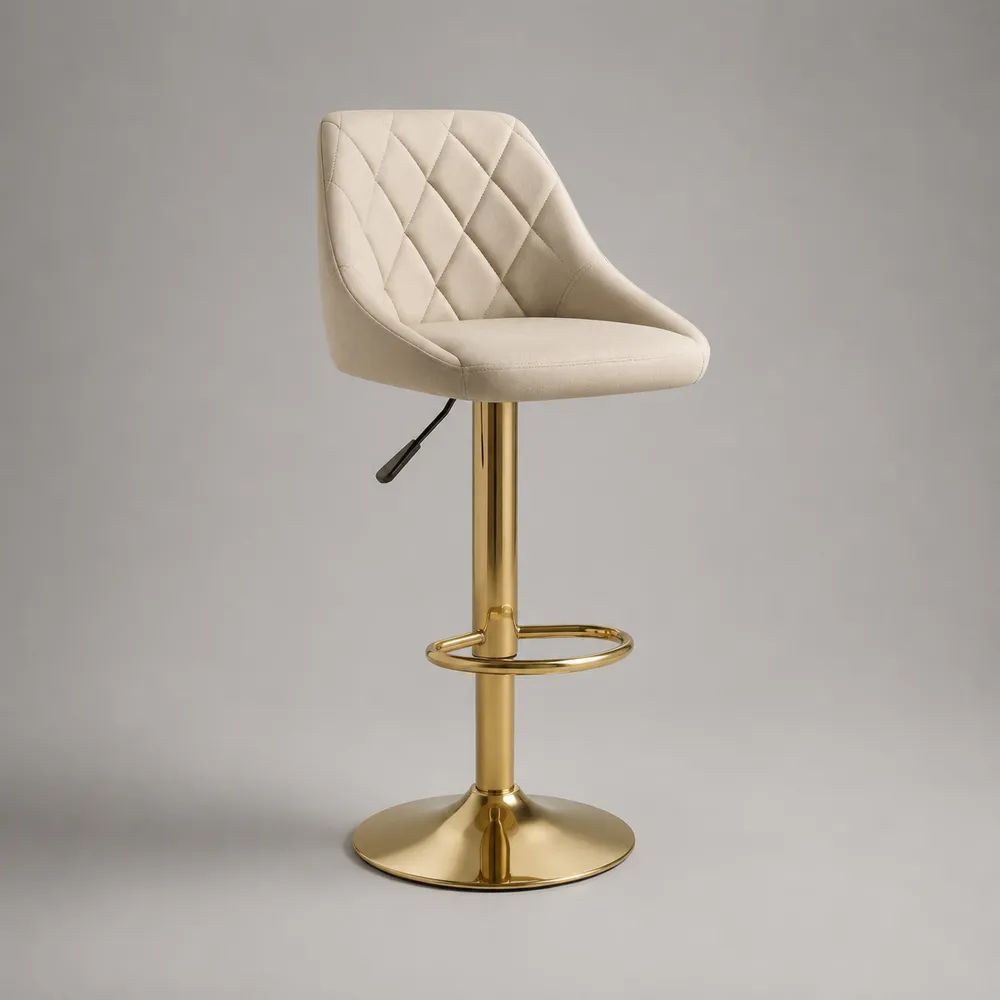 Höhenverstellbarer Barhocker mit Rückenlehne, Samtbezug und Stahlgestell, Creme/Gold, 50 × 48 × 88–109 cm