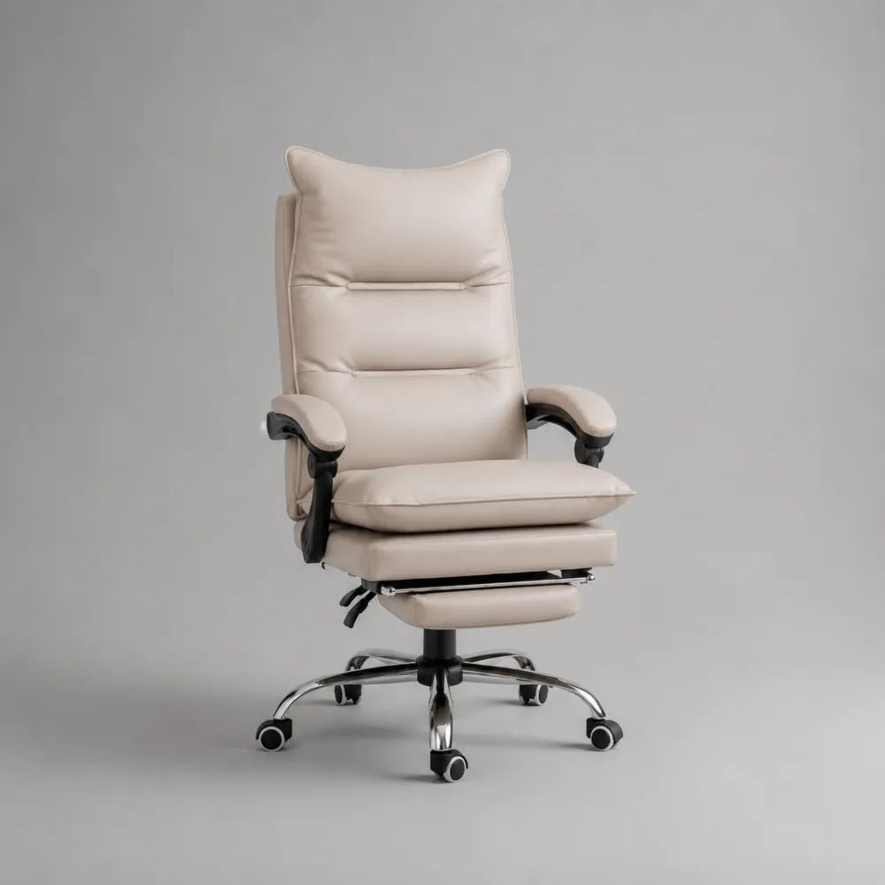 Bürostuhl Drehstuhl mit Fußstütze, hoher Rückenlehne, Kunstlederbezug und Stahlgestell, Beige, 68 × 72 × 115–125 cm
