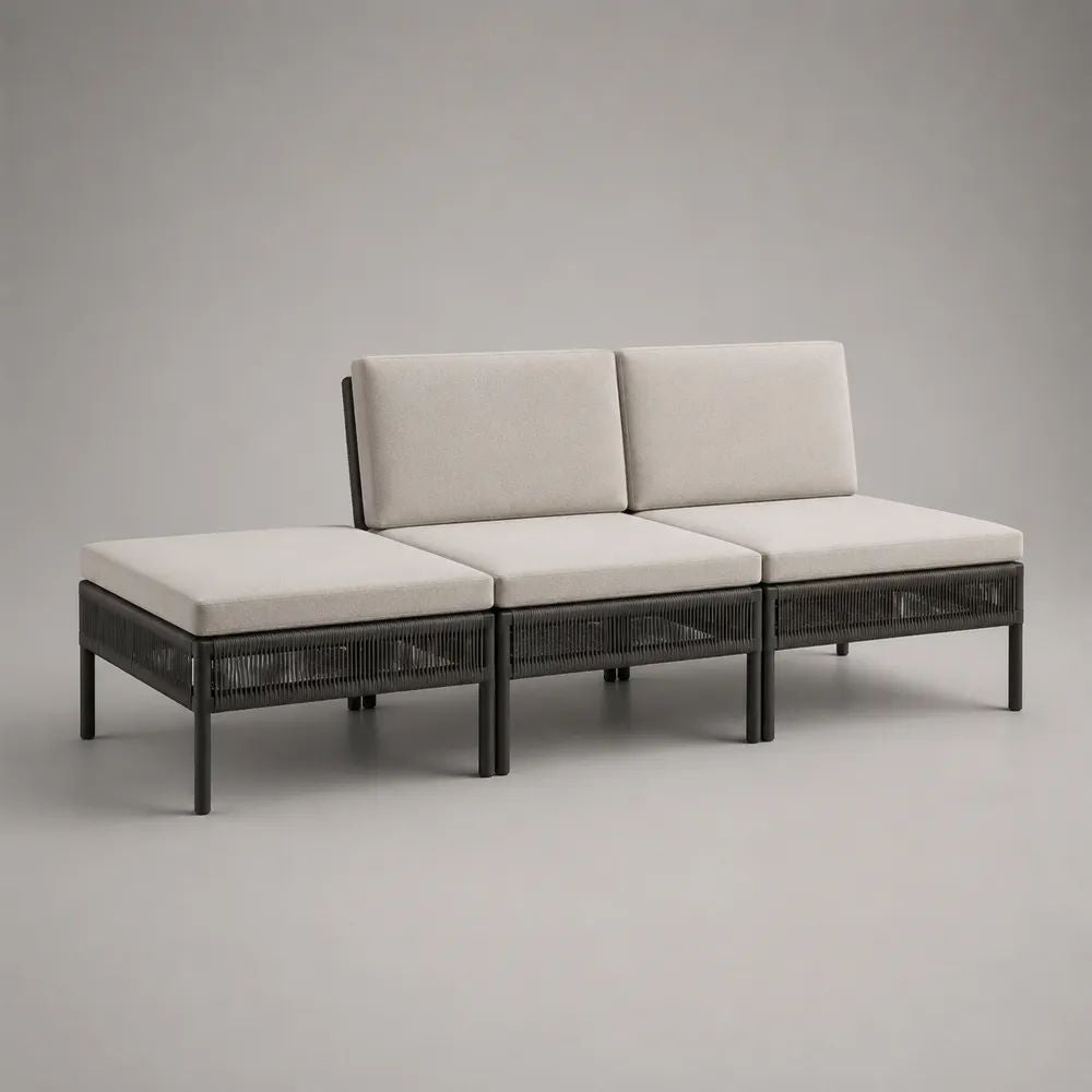3-teiliges Gartensofa-Set aus Aluminium und Polypropylen-Seilgeflecht, Anthrazit/Cremeweiß, 210 × 75 × 78 cm