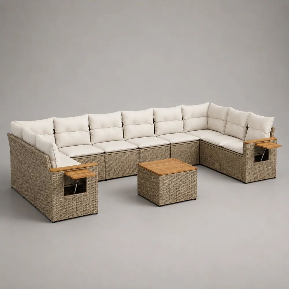 10-teiliges Gartenmöbel-Set in L-Form aus PE-Rattan mit 9 Sitzplätzen, Tisch und Seitenablagen, Beige/Creme/Naturbraun, 380 x 255 x 78 cm