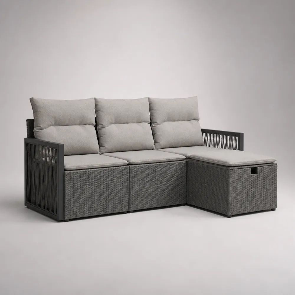 4-teilige Garten-Sofagarnitur aus PE-Rattan und Stahl mit Aufbewahrungshocker, L-Form, Grau/Hellgrau, 198 x 132 x 85 cm