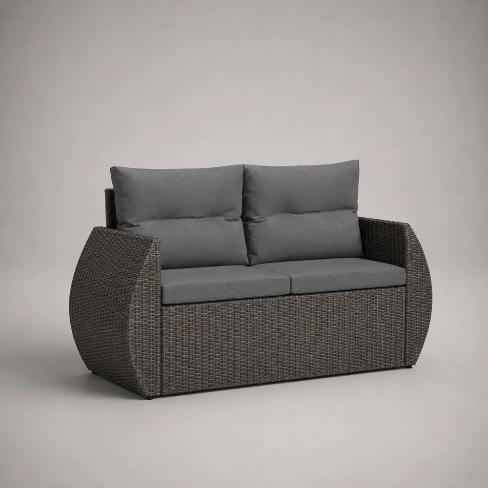 Gartensofa, 2-Sitzer aus PE-Polyrattan und Metall mit Polstern, Anthrazit/Dunkelgrau, 154 × 82 × 89 cm