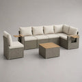 6-teiliges Gartenmöbel-Set mit L-förmigem Gartensofa, Sessel und Tisch aus PE-Rattan, Stahl und Akazienholz, Taupe/Creme/Naturbraun, 257 x 197 x 76 cm