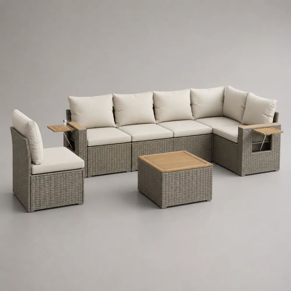 6-teiliges Gartenmöbel-Set mit L-förmigem Gartensofa, Sessel und Tisch aus PE-Rattan, Stahl und Akazienholz, Taupe/Creme/Naturbraun, 257 x 197 x 76 cm