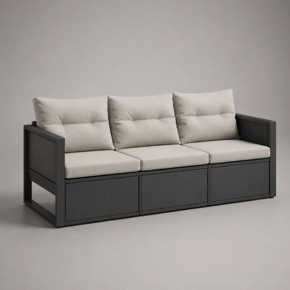 3-Sitzer-Gartensofa aus Metall und Stoff mit 3 Staufächern und 6 Kissen, Anthrazit/Beige, 200 × 75 × 85 cm