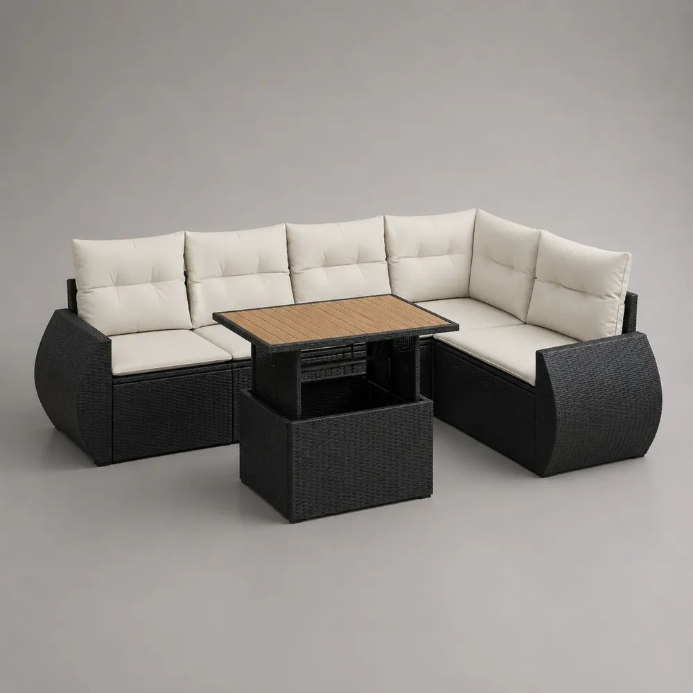 Gartenlounge-Set aus PE-Rattan mit L-förmigem Ecksofa, höhenverstellbarem Hubtisch und 2 Hockern, Schwarz/Creme/Braun, 237 × 177 × 73 cm