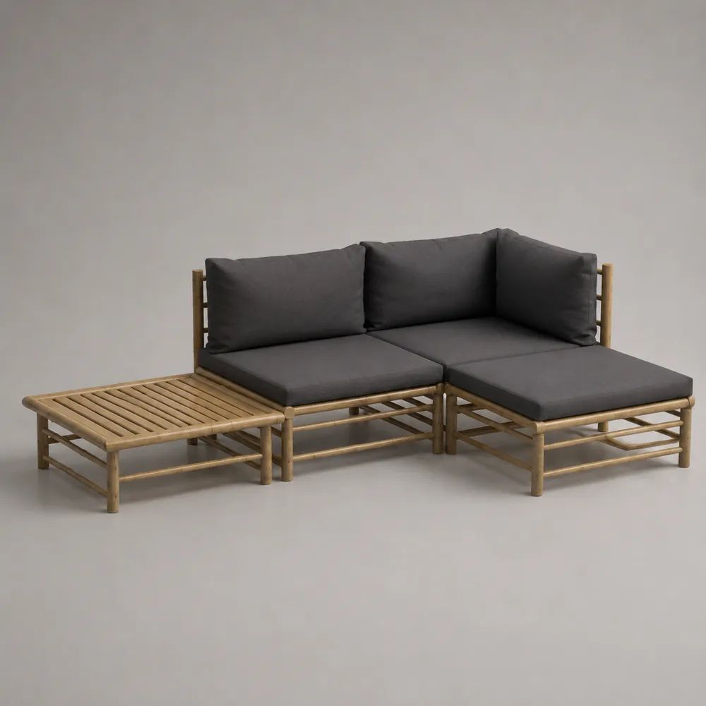 3-teiliges L-förmiges Gartensofa-Set aus massivem Bambus mit Chaiselongue und Couchtisch, Anthrazit/Naturbraun, 220 × 148 × 73 cm