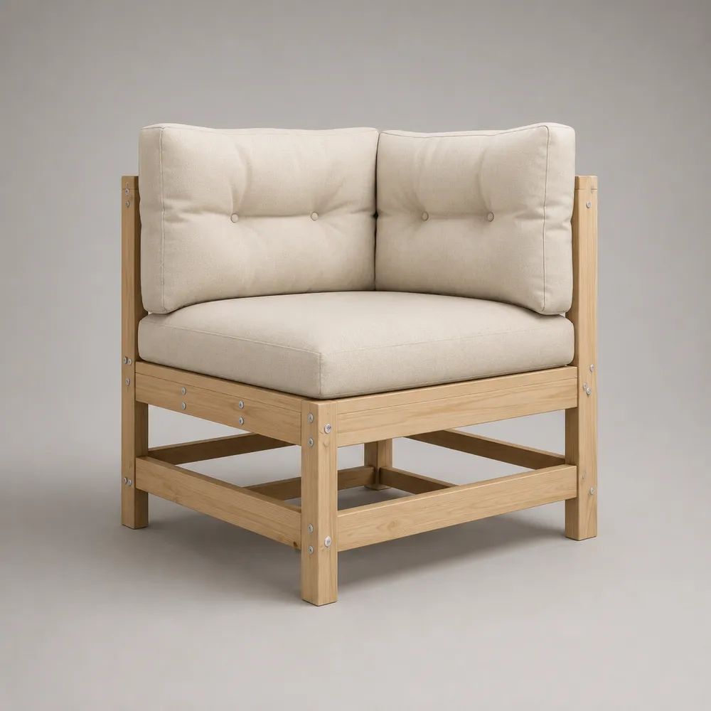 Gartensofa-Eckmodul aus massivem Akazienholz mit beigen Kissen, Natur/Beige, 75 × 75 × 78 cm
