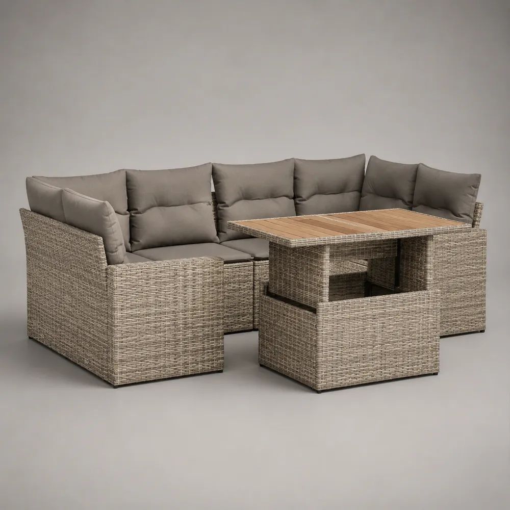 6-teiliges Gartenmöbel-Set aus Polyrattan mit Ecklounge, Esstisch und 2 Hockern, Beige/Grau/Naturbraun, 238 × 180 × 85 cm