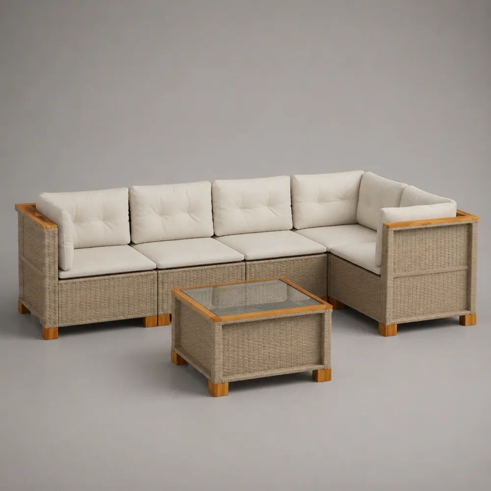 4-Sitzer-Gartenlounge-Set mit L-förmigem Ecksofa und Couchtisch aus PE-Rattan, Metall, Holz und Glas, Beige/Creme, Sofa 236 × 168 × 72 cm, Tisch 70 × 60 × 40 cm