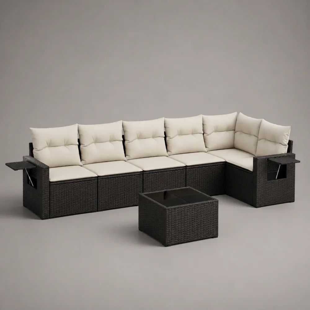 7-teiliges L-förmiges Gartensofa-Set aus PE-Rattan und Stahl, Schwarz/Cremeweiß, 316 × 136 × 72 cm, mit Tisch 65 × 65 × 38 cm