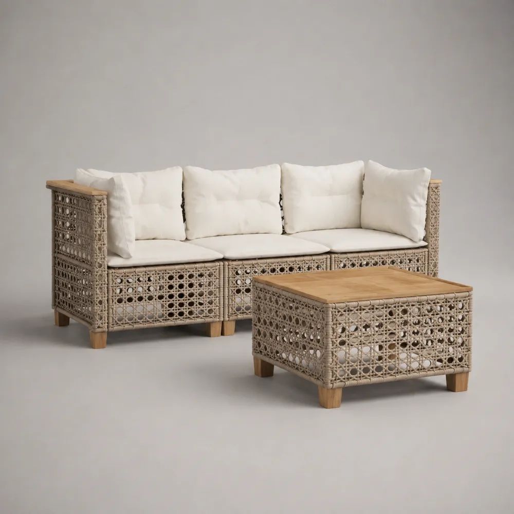 2-teiliges Gartensofa-Set aus PE-Rattan und Akazienmassivholz mit 3-Sitzer und Tisch, Beige/Creme/Natur, 190 × 75 × 76 cm und 90 × 55 × 45 cm